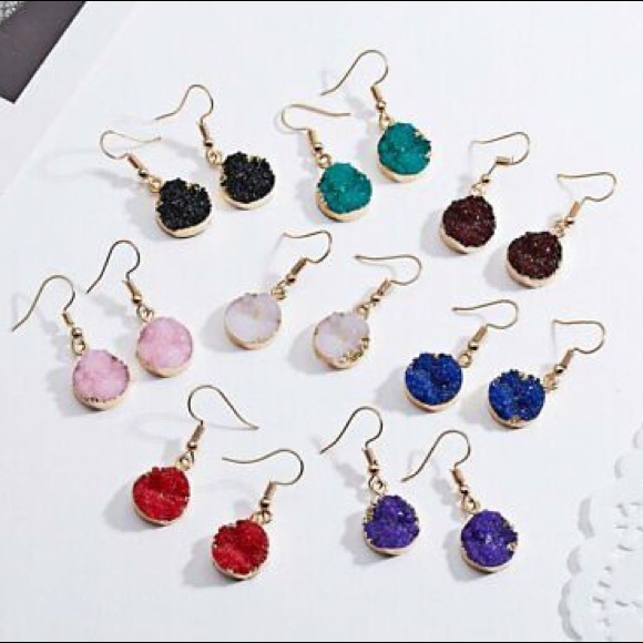 Stone Druzy Resin Drop Dangle Earring Pink - Picture 4 of 5